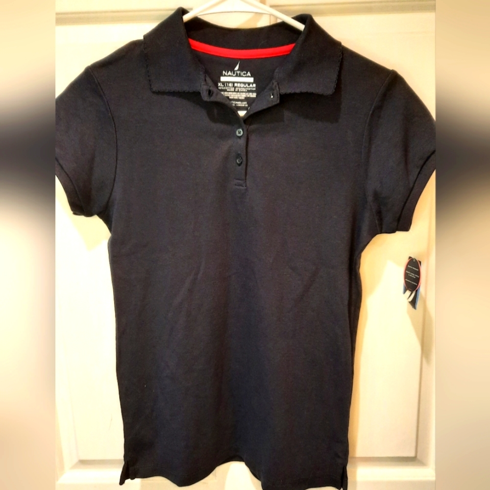 NWT! Nautica Uniform Shirt XL(16) Navy Blue Polo Short Sleeve Casual